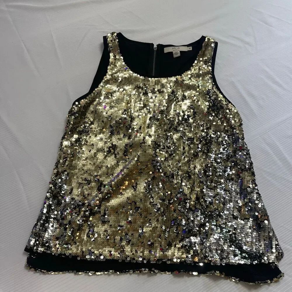 AO.LA By Alice + Olivia Gold Silver Sequin Tank Top Shell Blouse Size S/P Small